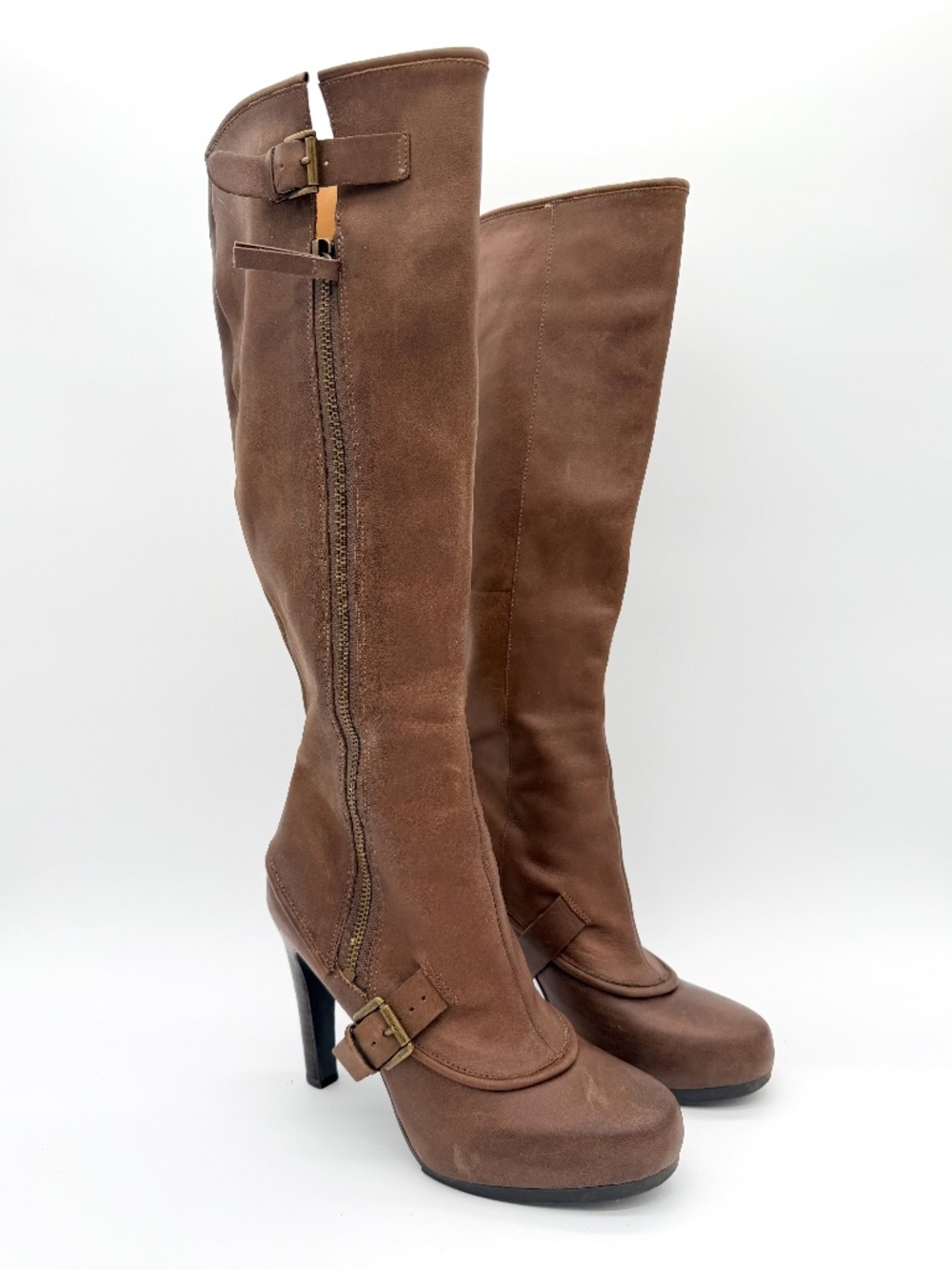 Nine West Brantley Brown Leather Riding Boots Womens 8.5 Platform Stiletto Heel